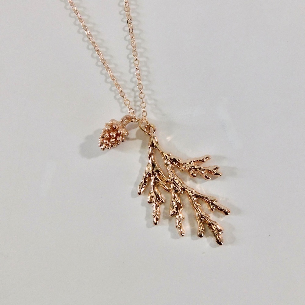 New Rose Gold Pinecone Pine Bough Pendant Necklace Nature Outdoors Trees